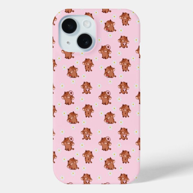 Coques Case-Mate iPhone Pink Kawaii Highland Cows Seamless Pattern (Verso)