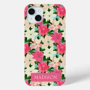 Coque iPhone 15 Mini Pink Poinsettia Noël Turquoise