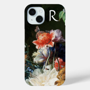 COQUE POUR iPhone 15 PINK RED ANEMONES WHITE FLOWERS, BUTTERFLY MONOGRA