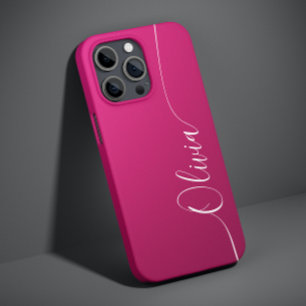 Coque Pour iPhone 14 Pink Shimmer White Élégante Calligraphie Nom du sc