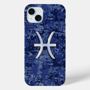 Coque iPhone 15 Mini Pisces Zodiac Sign on Navy Blue Digital Camo