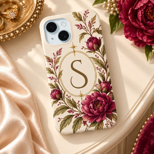 Coque Pour iPhone 15 Pivoine Bourgogne Ivoire Monogramme Botanique