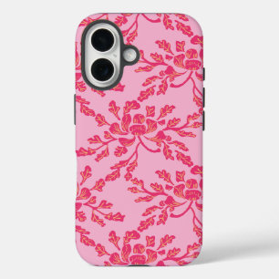 Coques iPhone 16 Pivoine sinueuse en xylographie rose et orange