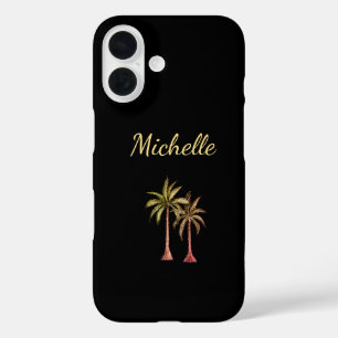 Coques iPhone 16 Plage tropicale Palm Trees Gold Script Noir