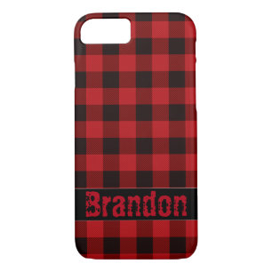 Coque iPhone 7 Plaid de buffle rouge noir rustique -monogrammé