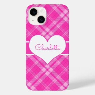 Coques Pour iPhone Plaid rose doux sur un monogramme cardiaque