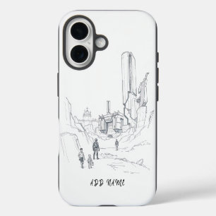 Coques iPhone 16 Plan paysager futuriste avec figures