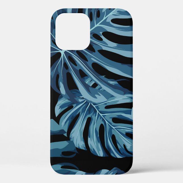 Coques Case-Mate iPhone Plante Monstera : motif feuille bleu. (Verso)