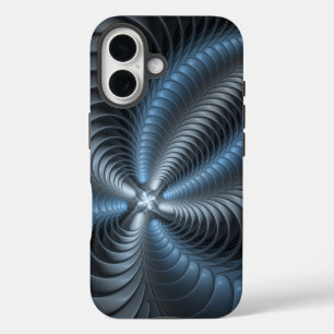 Coques iPhone 16 Plastique bleu gris 3D Fractal Art moderne Abstrai
