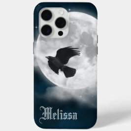 Coque iPhone 15 Pro Max Pleine lune sur daim bleu avec corbeau