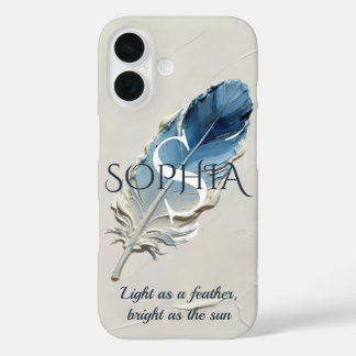 Coques iPhone 16 Plume bleue personnalisée Monogramme Nom personnal