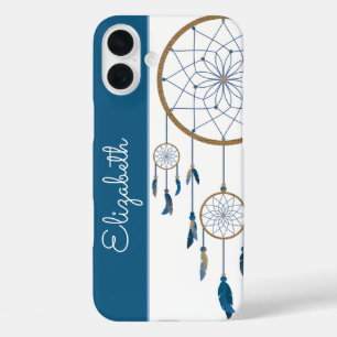 Coques iPhone 16 Plus Plumes bleues Dreamcatcher Nom personnalisé Boho