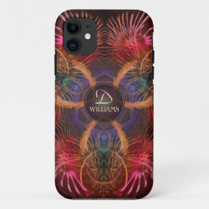 Coque iPhone 11 Plumes d'art fractal rouge Nom du monogramme perso