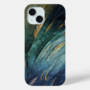 Coque Pour iPhone 15 Plumes de paon élégantes et classe avec monogramme
