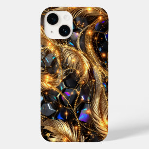 Coque Pour iPhone 14 Plumes d'or de luxe et Motif étincelant en pierre