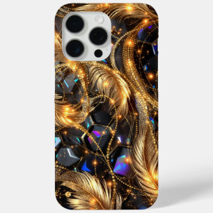 Coque iPhone 15 Pro Max Plumes d'or de luxe et Motif étincelant en pierre