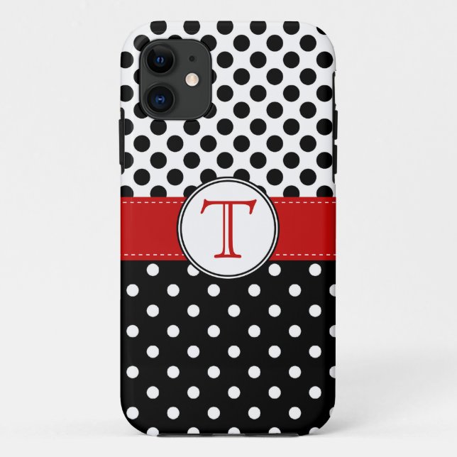 Coques Case-Mate iPhone Point de polka blanc noir fendu RedvMonogram (Dos)