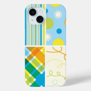 Coque Pour iPhone 15 Points Motifs Plaid Bleu Rétro