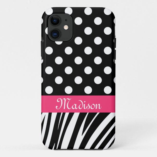 Coques Case-Mate iPhone Pois noirs Zebra Stripes Nom rose (Dos)