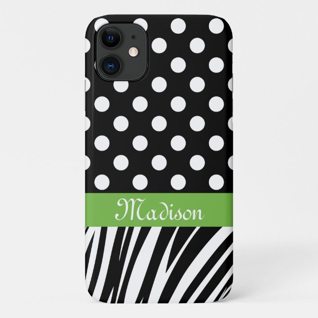 Coques Case-Mate iPhone Pois noirs Zebra Stripes Nom vert (Dos)