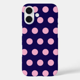 Coques iPhone 16 Pois roses gras sur bleu marine