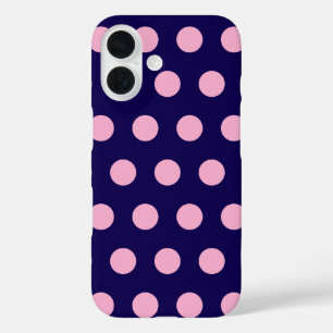 Coques iPhone 16 Pois roses gras sur bleu marine