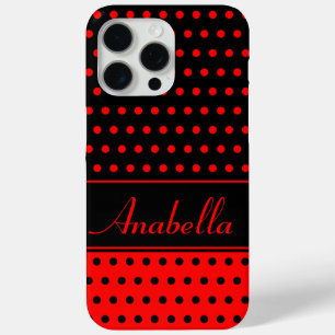 Coque iPhone 15 Pro Max Pois Rouge Et Noir, Nom Personnalisé