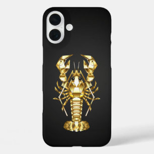 Coques iPhone 16 Plus Poisson à langouste polygonale dorée sur noir