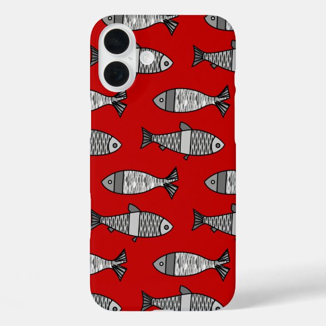 Coques Case-Mate iPhone Poisson moderne rétro, rouge profond et gris / gri (Verso)