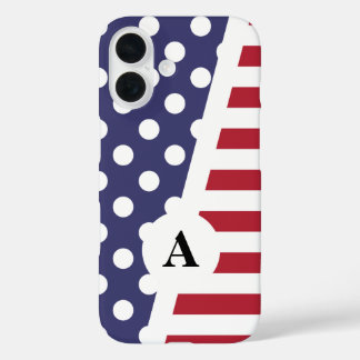 Coques iPhone 16 Polka bleu et blanc rouge point et Motif de bande
