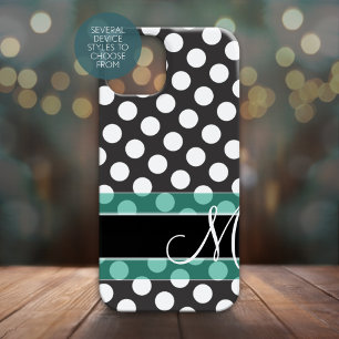 Coques iPhone 16 Polka Motif avec Monogramme - noir turquoise