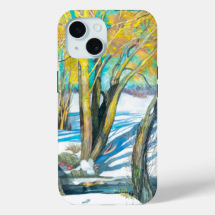 Coque Pour iPhone 15 pont en hiver Aquarelle