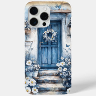 Coque iPhone 15 Pro Max Porte bleu rustique avec marguerites - Cottagecore