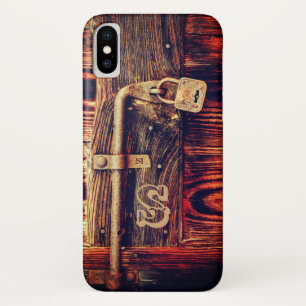Coque iPhone X Porte en bois rustique avec serrure en laiton anti