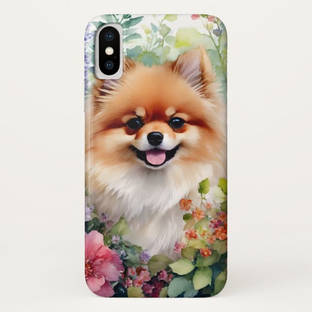 Coques Case-Mate iPhone Portrait d'aquarelle florale de Poméranie (Dos)