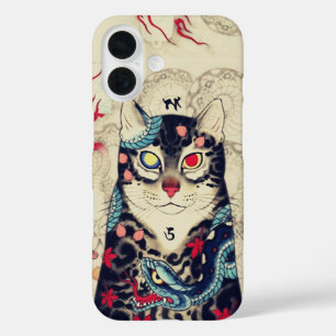 COQUES iPhone 16  PORTRAIT DE CHAT SAMURAI AVEC TATOS SERPENTS