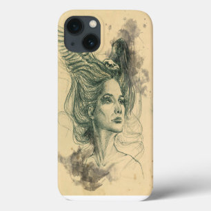 iPhone 13 Coque Portrait femme oiseau crâne et ailes Art Surreal