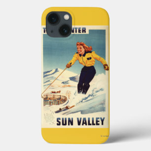 iPhone 13 Case Poster d'une femme à tête rouge souriant et skiant