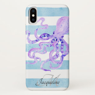Case-Mate iPhone Case Poulpe rayé blanc bleu de pourpre d'aquarelle de