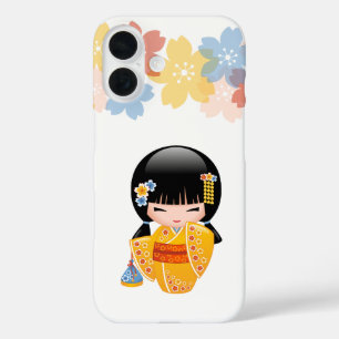 Coques iPhone 16 Poupée d'été Kokeshi - Kimono Jaune Geisha Girl