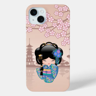 Coque iPhone 15 Mini Poupée Keiko Kokeshi - Blue Kimono Geisha Girl