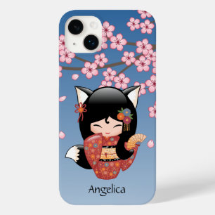 Coque Pour iPhone 14 Plus Poupée Kitsune Kokeshi - Black Fox Geisha Girl