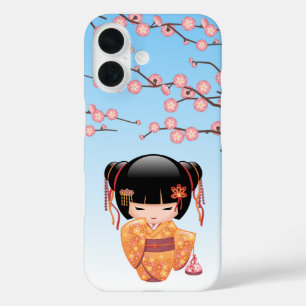Coques iPhone 16 Poupée Kokeshi Japonaise Geisha Bleue
