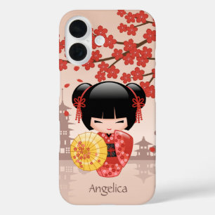 Coques iPhone 16 Poupée Kokeshi Sakura Rouge - Geisha Japonaise