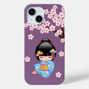 Coque Pour iPhone 15 Poupée Maiko Kokeshi - Blue Kimono Geisha Girl