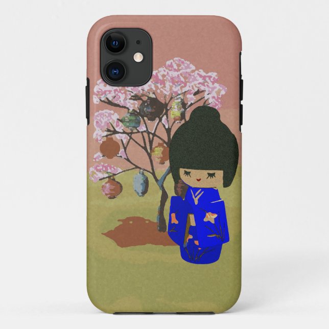 Coques Case-Mate iPhone Poupée mignonne de kokeshi avec l'arbre de fleurs (Dos)