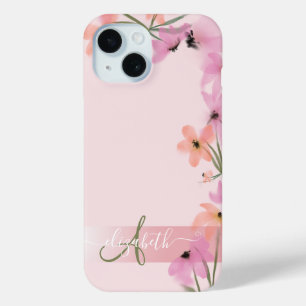 Coque Pour iPhone 15 Prairie de fleurs sauvages boho rose Monogramme