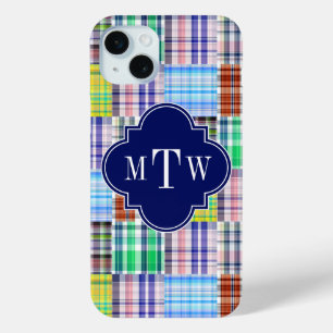 Coque iPhone 15 Mini Préparation Patchwork Madras Navy Quatrefeuilles M