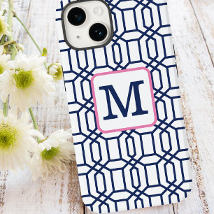 Coque Pour iPhone 14 Preppy Blanc bleu octagon Monogramme initial