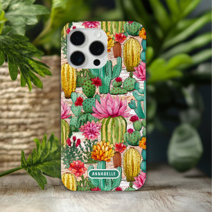 Coque iPhone 15 Pro Max Préppy coloré Cactus Floral Nom personnalisé